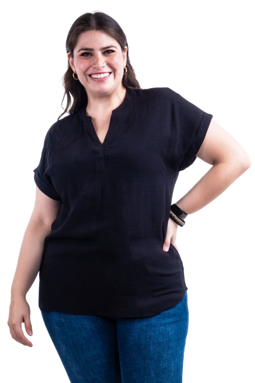 Blusa ligera de cuello V Roman Fashion /Tallas Extras, 0058 (Negro)