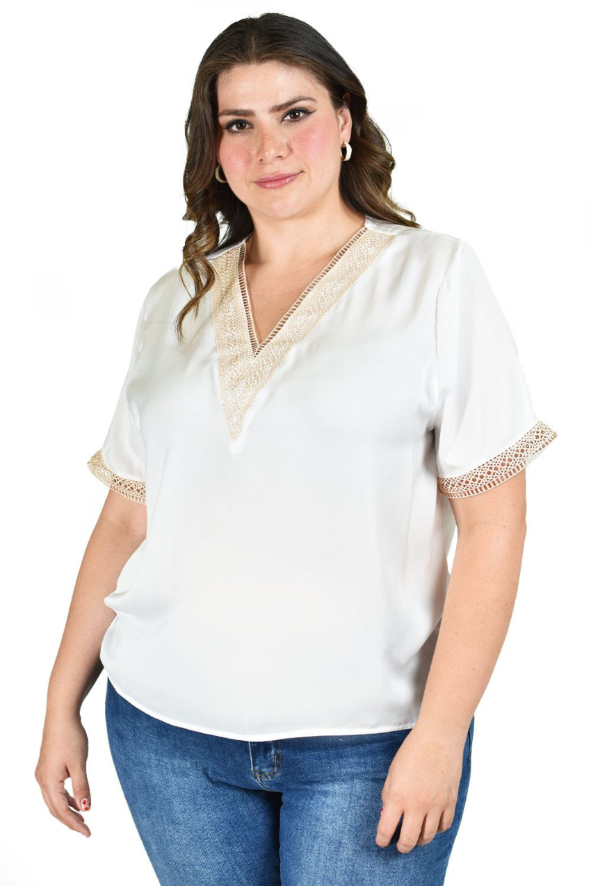 Blusa de chifon con encaje Roman Fashion /Tallas Extras, 009 (Blanco)