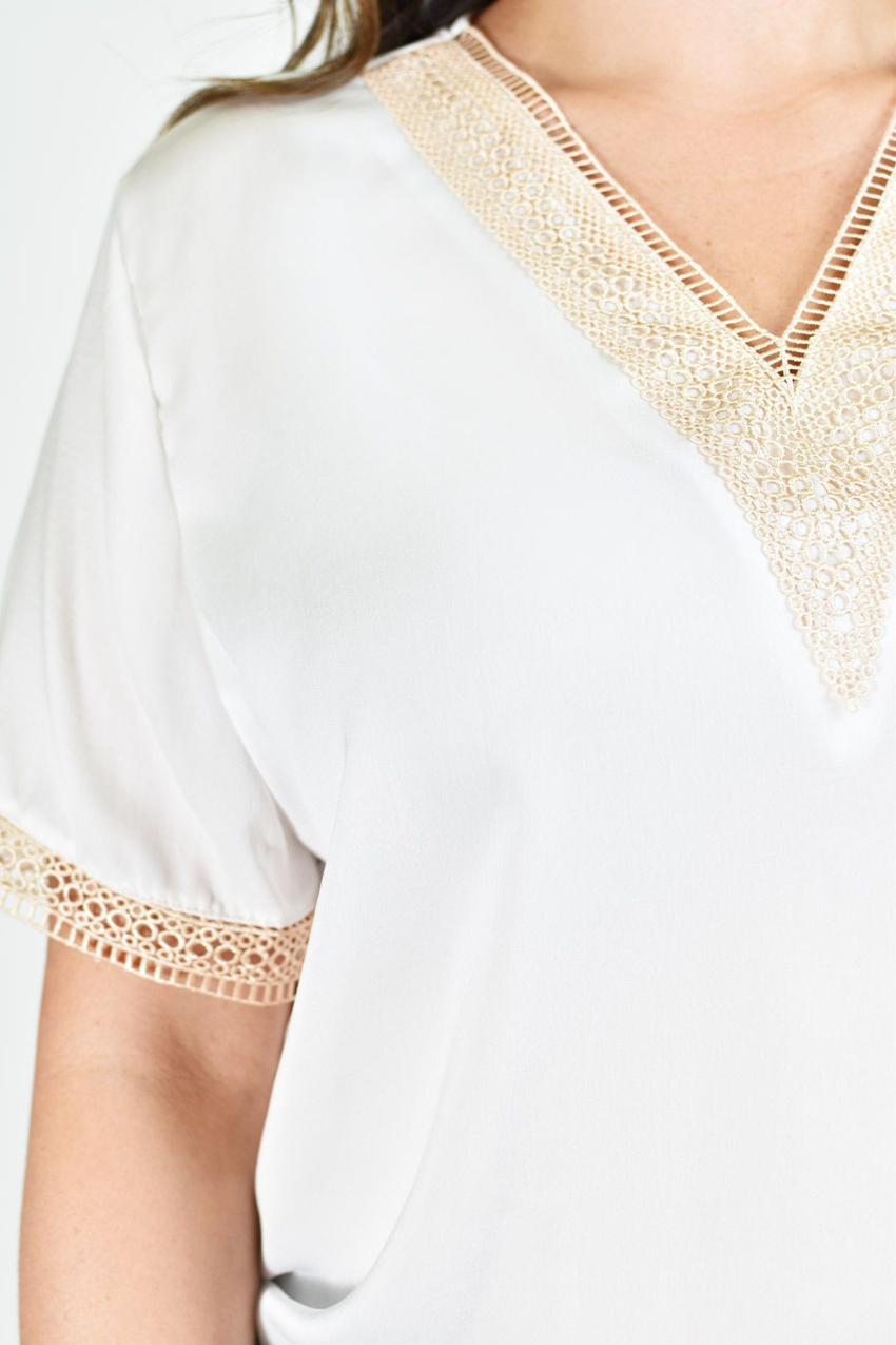 Blusa de chifon con encaje Roman Fashion /Tallas Extras, 009 (Blanco)