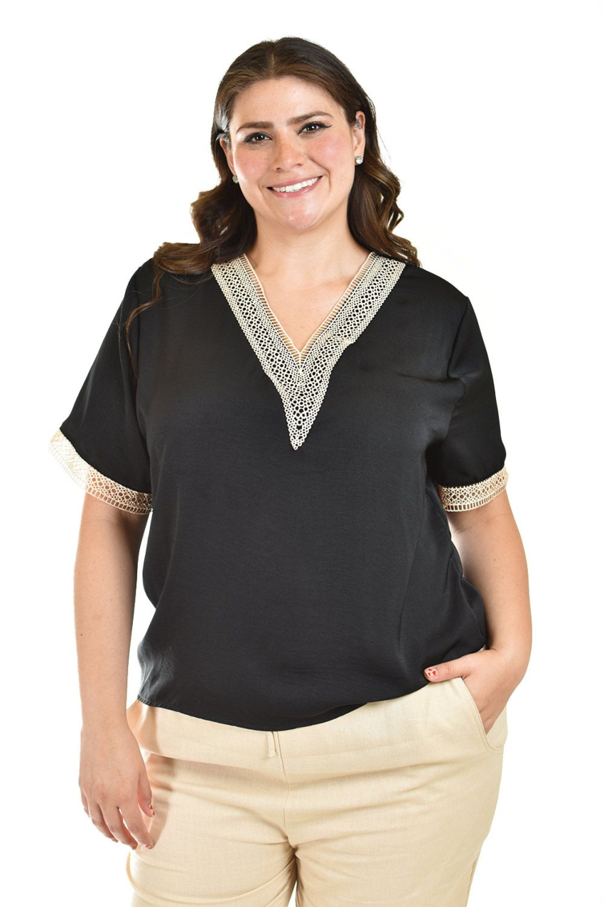Blusa de chifon con encaje Roman Fashion /Tallas Extras, 009 (Negro)