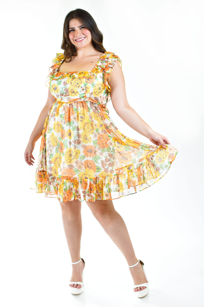 Vestido floreado de chiffon Roman Fasion /Tallas Extras, 1100 (Amarillo  flores)
