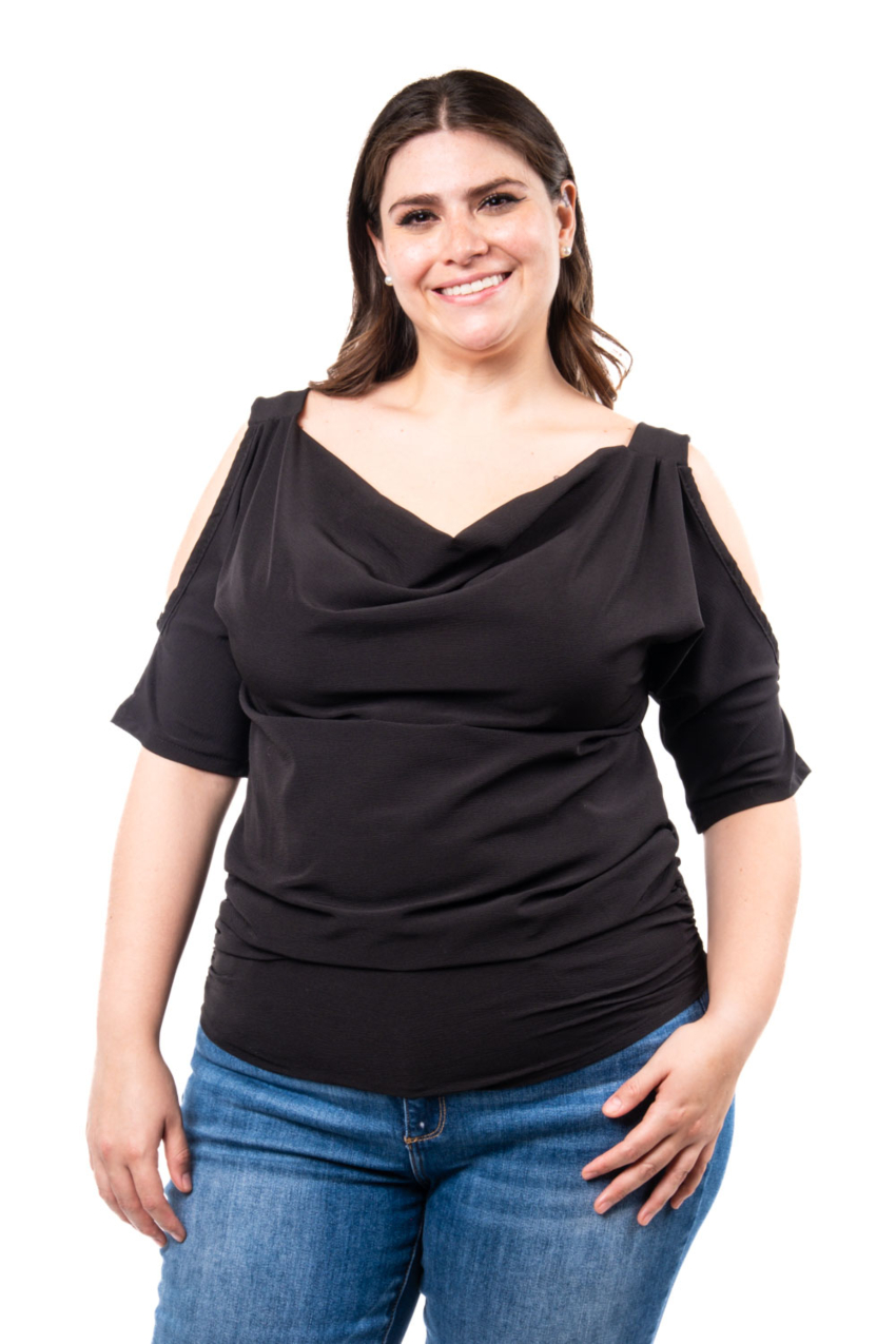 Blusa escote drapeado Roman Fashion /Tallas Extras, 1881 (Negro)