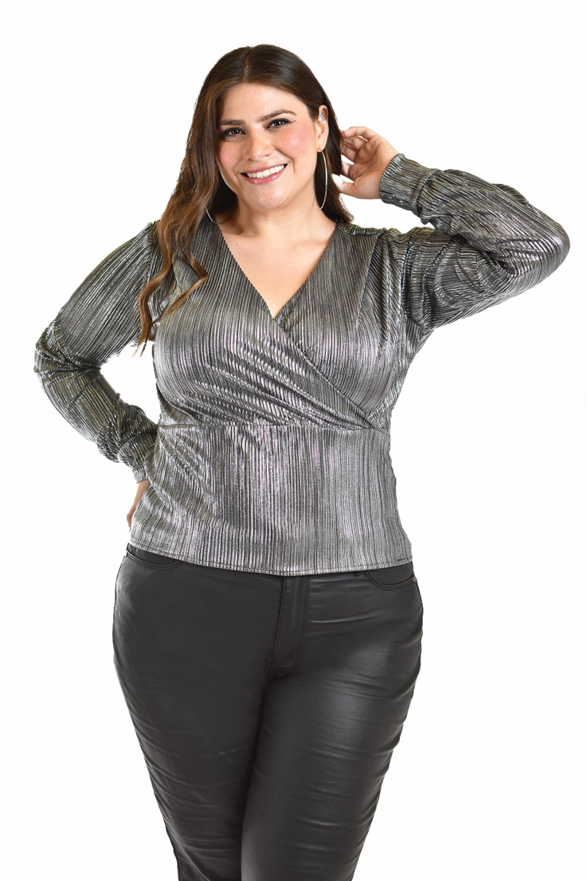 Blusa textura metalica Roman Fashion /Tallas Extras, 1883 (Plateado)