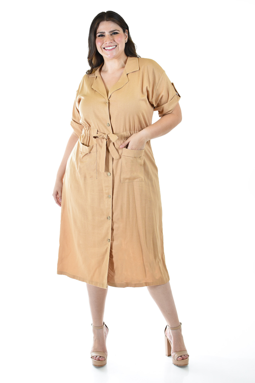 Vestido camisero de lino Roman Fashion /Tallas Extras, 2391 (Beige)