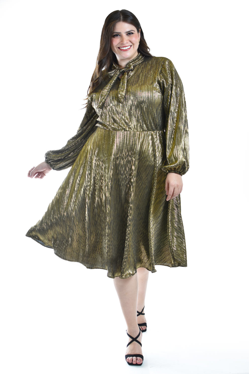 Vestido plisado con laso Roman Fashion /Tallas Extras, 4322 (Dorado)