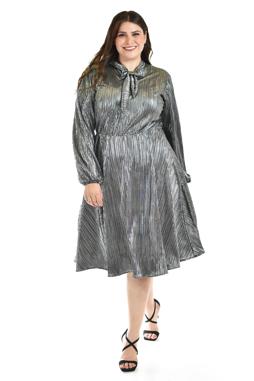 Vestido plisado con laso Roman Fashion /Tallas Extras, 4322 (Plateado)